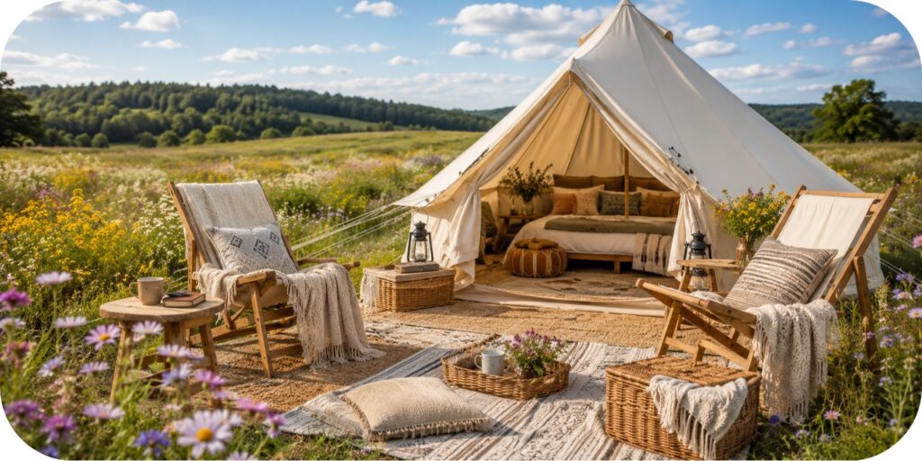 Cream bell tent surrounded by colorful wildflowers with wooden camping chairs, layered rugs, woven baskets, cozy blankets, and bright natural daylight in an open meadow.
