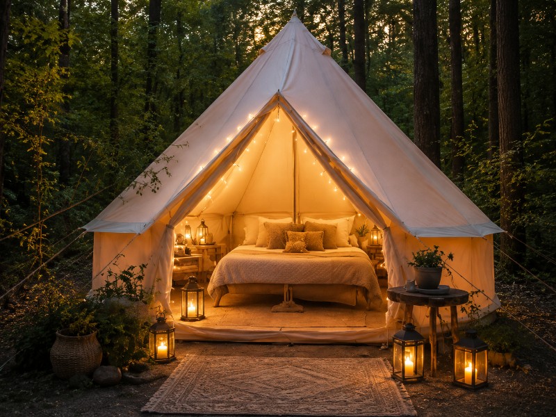 Cream canvas bell tent nestled in a forest with a warmly lit bedroom interior, cozy bed, string lights, lanterns, outdoor rug, and natural décor creating a peaceful glamping retreat.