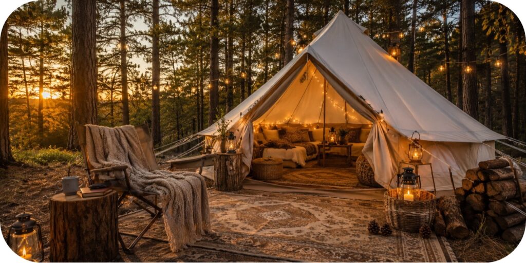 Cream canvas bell tent in a pine forest featuring layered rugs, lanterns, string lights, cozy bedding, and a camping chair draped with a throw blanket at sunset.