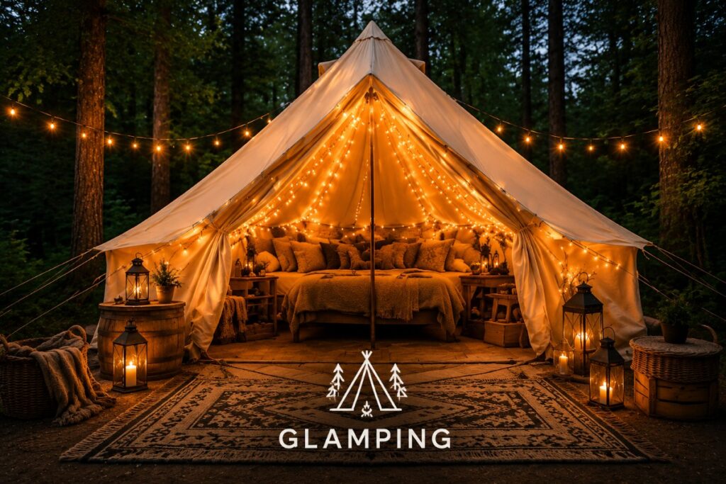 Cream canvas bell tent glowing with warm string lights and lanterns in a peaceful forest setting, creating a cozy glamping retreat atmosphere.