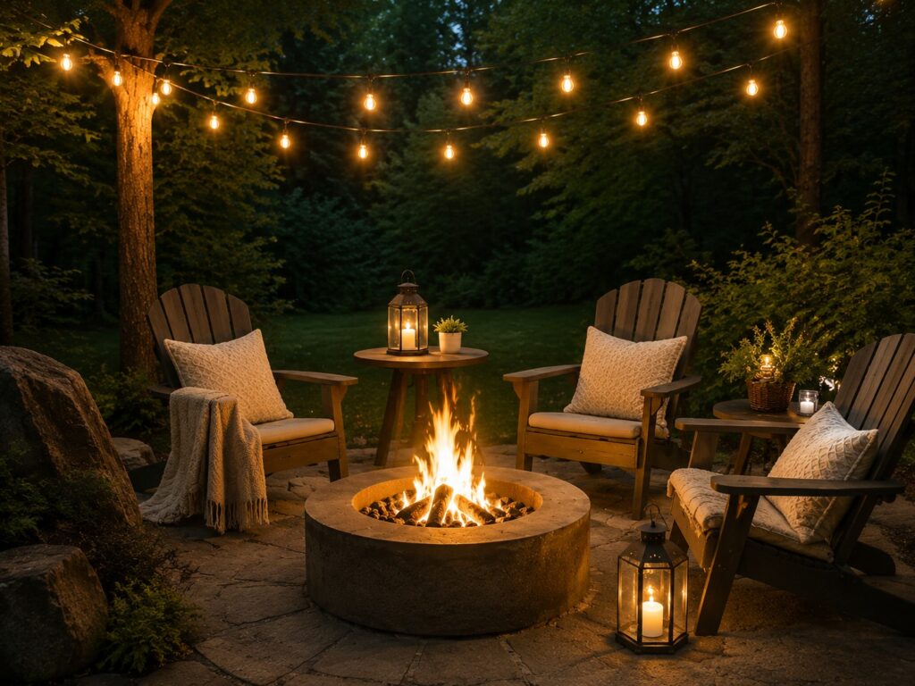 Woodland outdoor patio with Adirondack chairs, cozy cushions, textured blankets, lanterns, string lights, and a glowing fire pit creating a relaxing evening retreat.