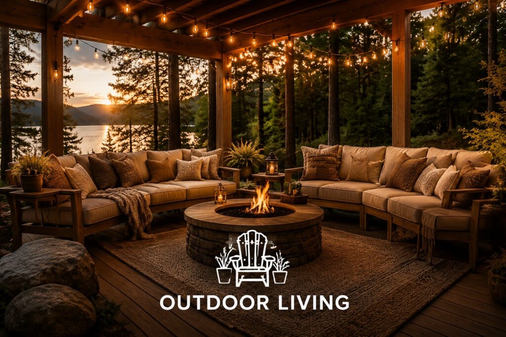 Covered outdoor living area with comfortable seating, layered cushions, warm string lights, and a fire pit overlooking a peaceful forest landscape.