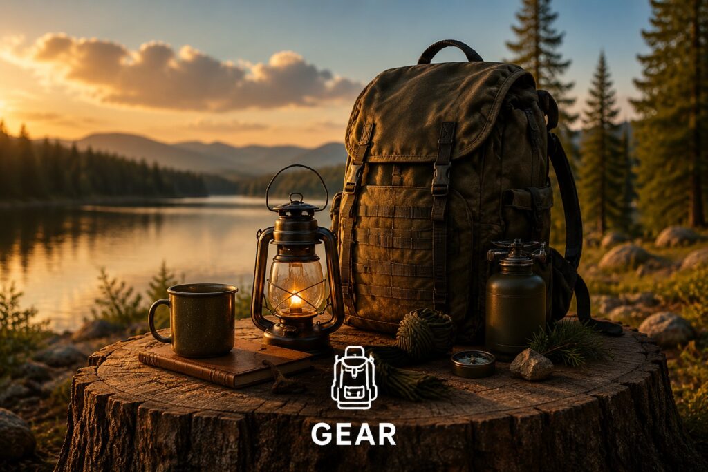 Outdoor camping gear including a backpack, lantern, and coffee mug arranged on a rustic tree stump beside a calm lake during golden hour.