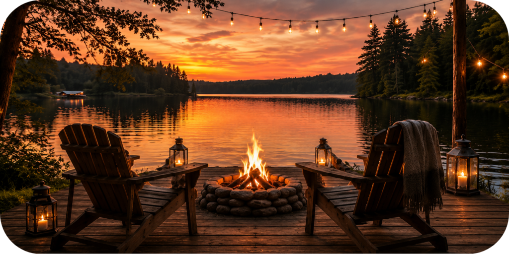 Cozy lakeside campfire retreat at sunset featuring Adirondack chairs, lanterns, string lights, and a peaceful forest lake view.