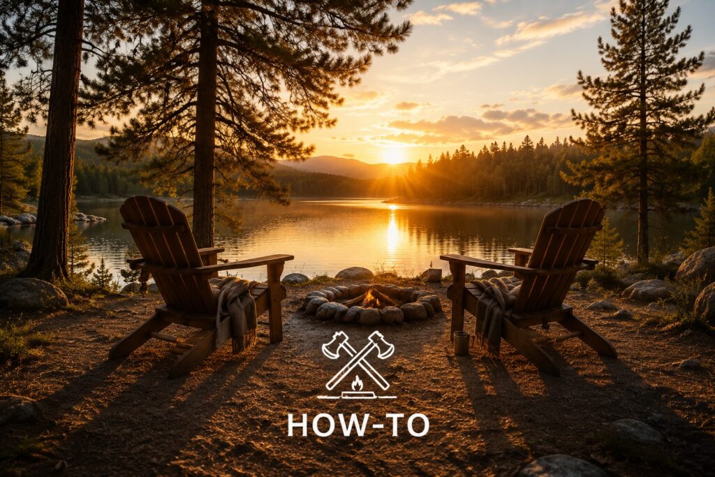 Two Adirondack chairs and a cozy fire pit positioned beside a calm lake with mountain views, showing a peaceful outdoor setup for camping inspiration.