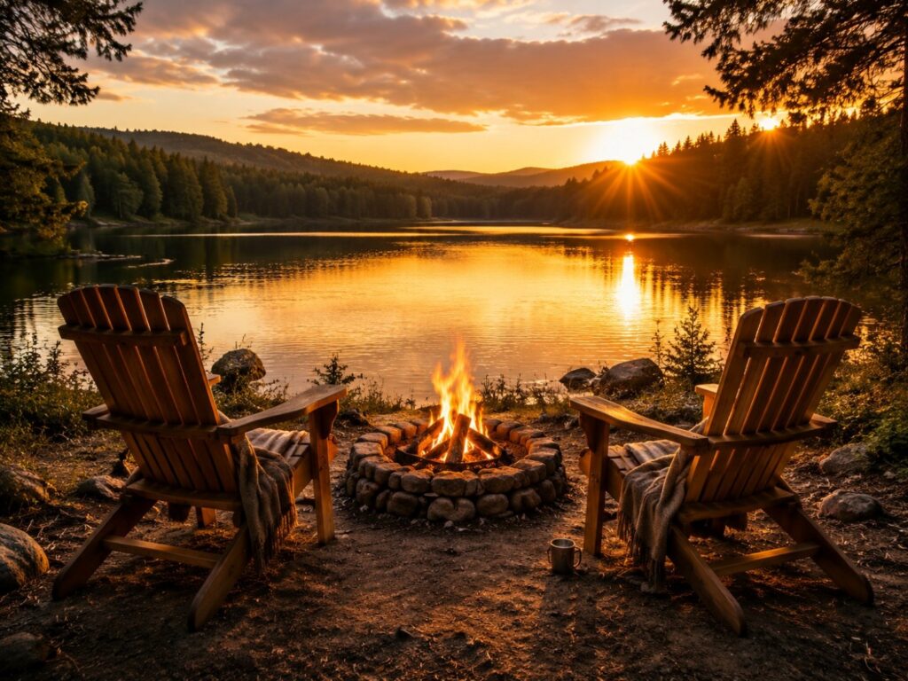 Two Adirondack chairs with cozy blankets surround a glowing fire pit beside a calm lake, with forest views and a warm golden sunset creating a peaceful outdoor retreat.