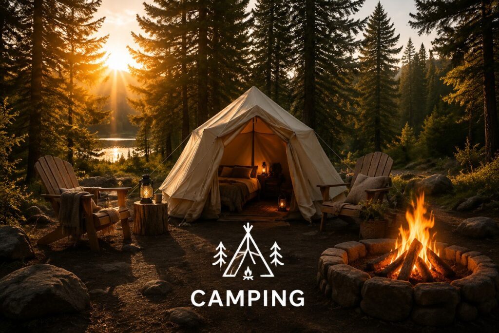 Cozy campsite surrounded by pine trees featuring a canvas tent, Adirondack chairs, and a glowing fire pit beside a scenic lake at golden hour.