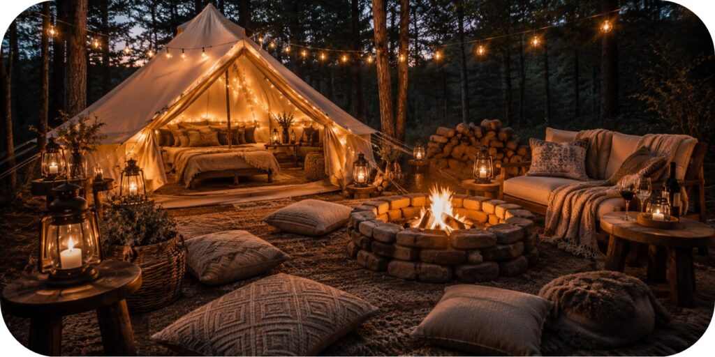 Bell tent illuminated by lanterns and string lights beside a stone fire pit, featuring floor cushions, cozy blankets, outdoor seating, and a warm woodland atmosphere at twilight.
