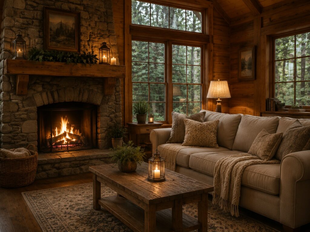 Cozy cabin living room with a stone fireplace, warm wood walls, comfortable sofa, textured blankets, lantern lighting, and large windows overlooking a peaceful forest.