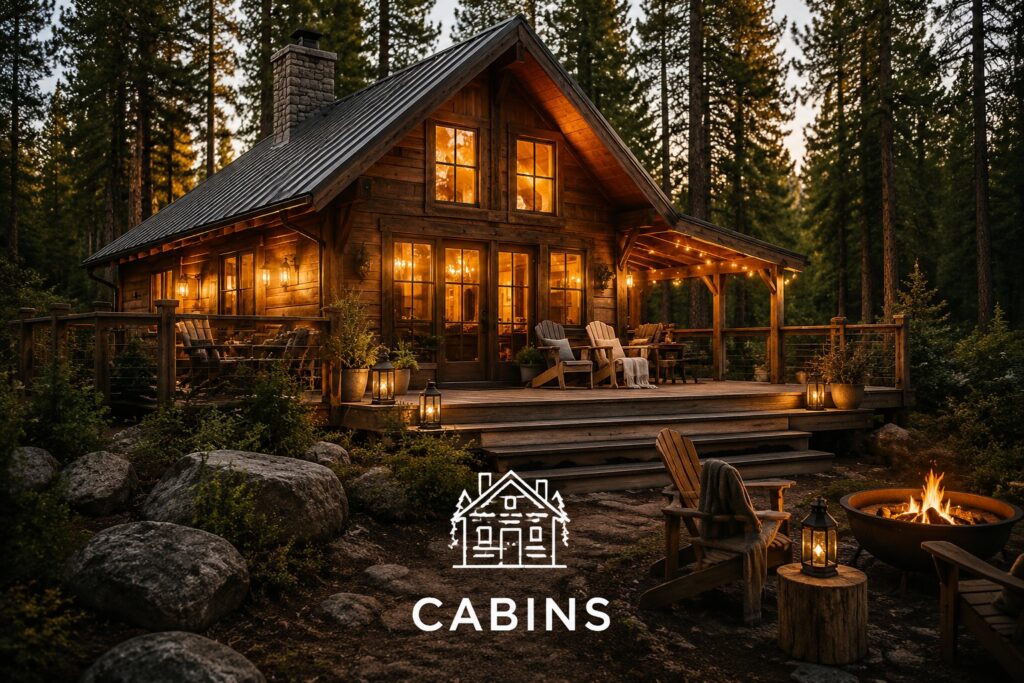 Rustic wooden cabin surrounded by pine trees with glowing windows, a cozy porch, Adirondack chairs, and a fire pit creating an inviting retreat.