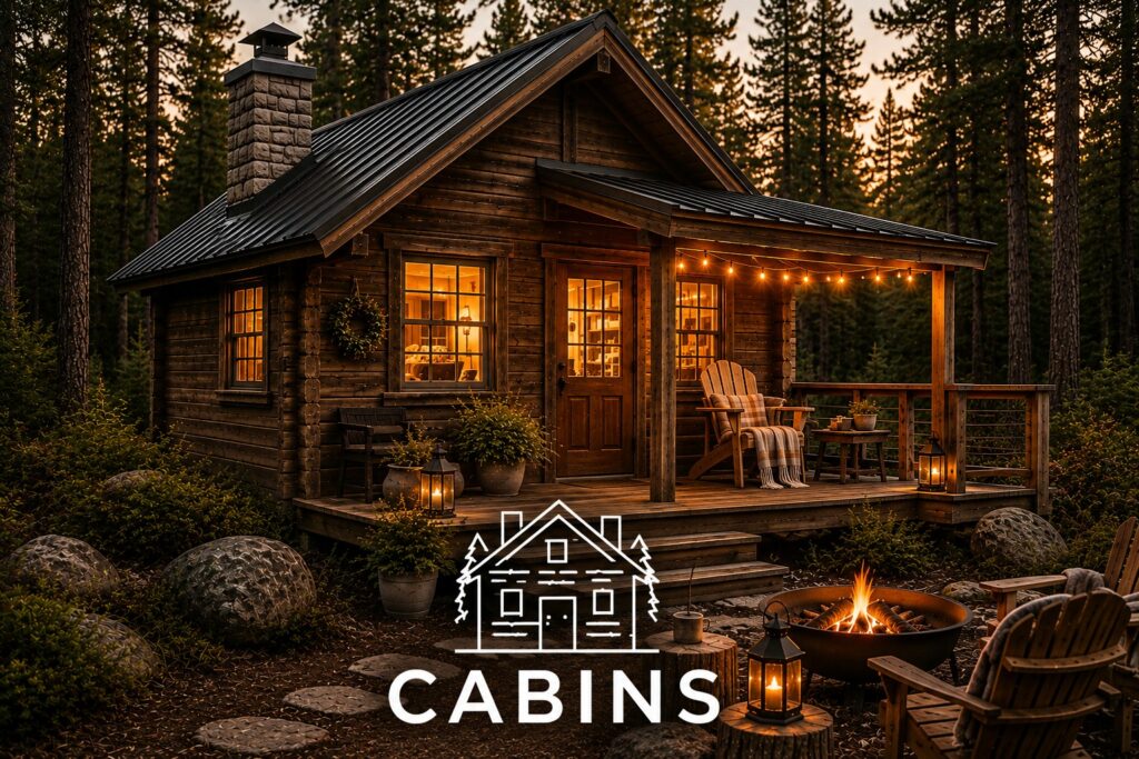 Cozy rustic cabin glowing with warm lights in a peaceful pine forest, with a covered porch, fire pit, lanterns, and outdoor seating.