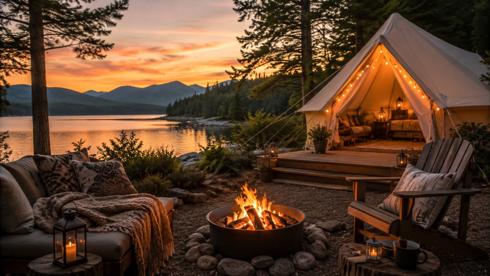 Cozy Trienz outdoor retreat featuring a canvas bell tent, warm campfire, comfortable seating, and a peaceful mountain landscape.