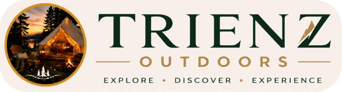 Trienz Outdoors brand logo with forest-green typography, gold accents, and a scenic camping emblem representing outdoor adventure, exploration, and nature experiences.